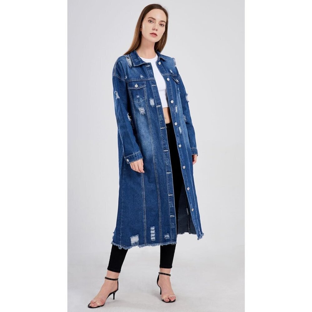 Women's Spring Fashion Ripped Holes Maxi Long Denim Jacket Trench Coat Dark Blue - Picture 3 of 5